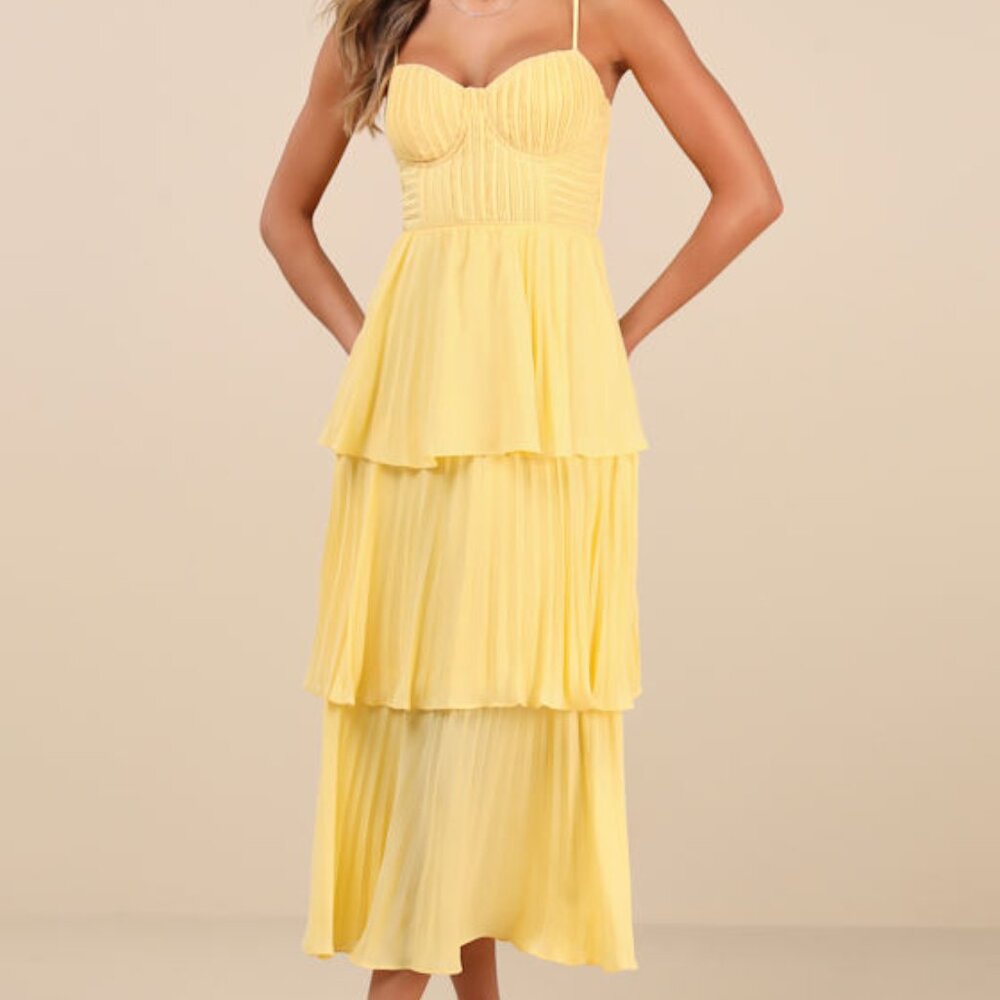 Lulus Cascading Crush Yellow Tiered Bustier Midi Dress - Size XXL